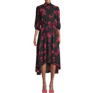 Nanette Lepore Smocked Floral-Print Midi Dress Black & Burgundy High-Lo Hem SZ10